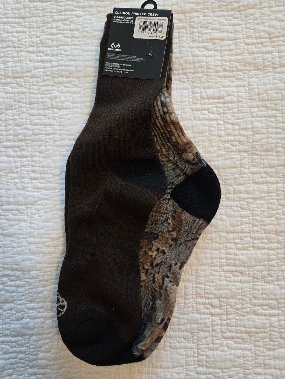 Realtree Classic Camo Cushion Crew Socks in Brown and Black
